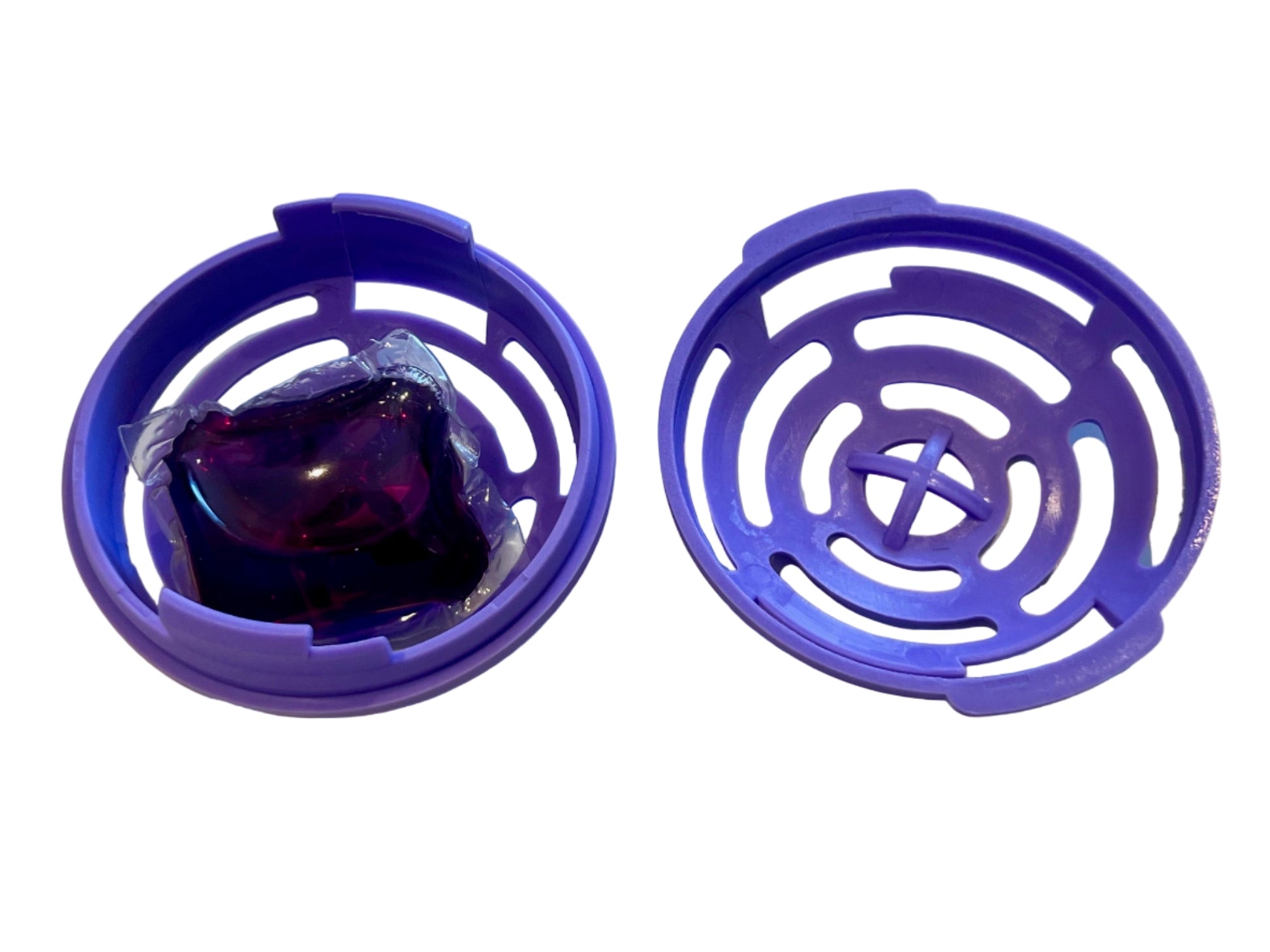 Purple Washpodz with a transparent center on a white background